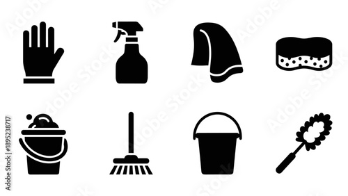 Essential cleaning tools set: bold silhouettes of household items