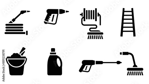 Set of silhouette cleaning and maintenance tools for home and garden