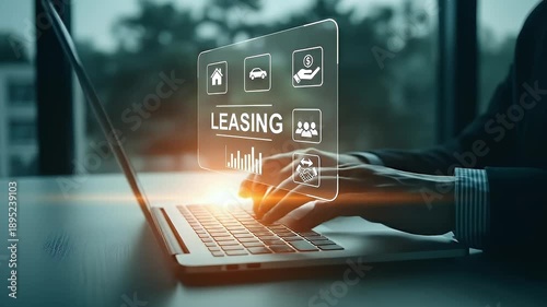 Businessman using digital leasing platform for car and property rental contract, online finance management, financial agreement, asset leasing, and modern investment service concept
