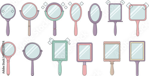 Vintage Hand Mirror Vector Icon Set Featuring Various Round Oval Square And Rectangular Frames With Handles For Beauty And Makeup Design