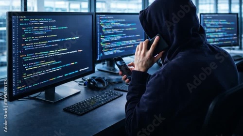 Scammer wearing a hoodie is talking on a cell phone, fraud and criminal concept
