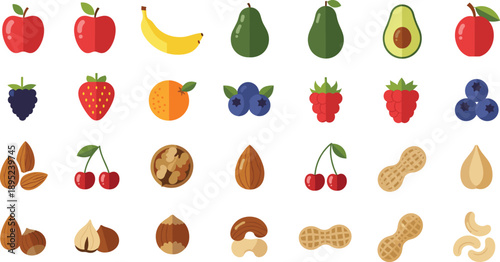 Healthy Food Flat Vector Icon Set Featuring Red Apples Yellow Bananas Green Avocados Oranges Strawberries Blueberries Raspberries Cherries Peanuts Walnuts And Cashews