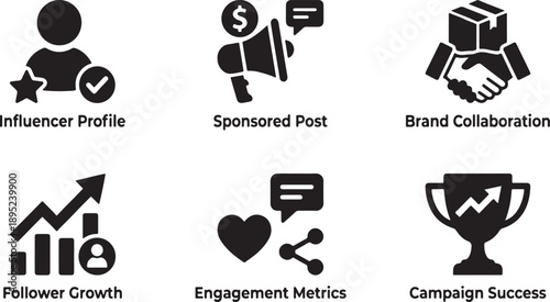 A set of influencer marketing icons for social media campaign success and analytics Vector