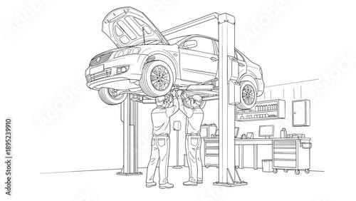 Car maintenance in a repair shop with mechanics working on a hydraulic lift