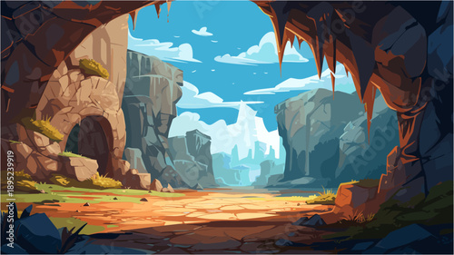 Adventure Awaits Fantasy Landscape With Cave Entrance And Distant Mountains Journey And Exploration Concept Digital Illustration