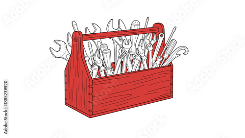 Wooden tool box with hand tools in red and white linear style