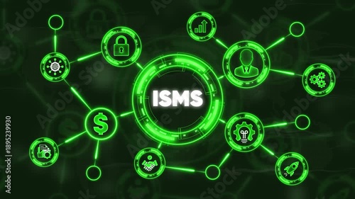 I S M S Information Security Management System Network Concept with Green Neon and Connections Representing Cybersecurity and Data Protection