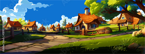 Rural Community Living Quaint Village Scene With Charming Cottages And Green Landscape Under A Bright Blue Sky Representing Peaceful Lifestyle