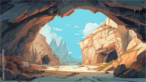 a rocky cave entrance looking out onto a bright, arid landscape. The foreground features dark, rugged stone walls framing the view, creating a natural archway. Through the opening