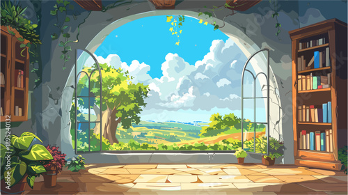 a bright, cozy wizard's study or library interior. A large open arched window frames a breathtaking view of lush green rolling hills, a large tree, and massive white cumulus clouds under a blue sky
