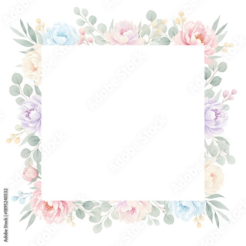Floral Elegance: A delicate arrangement of pastel-colored blooms frames an empty square, perfect for invitations, greetings or other design needs.