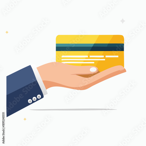 Digital Transaction: An illustration of a hand presenting a credit card, symbolizing financial transactions and digital commerce. The card glows with an aura of convenience and security.