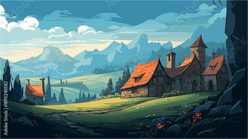 Rural Escape And Tranquility Cartoon Landscape With Houses Mountains And Green Fields For Travel And Tourism Concepts