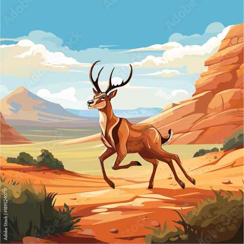 a swift antelope or gazelle running dynamically across a desert landscape. The animal has large antlers and is captured in mid-stride with a focused expression