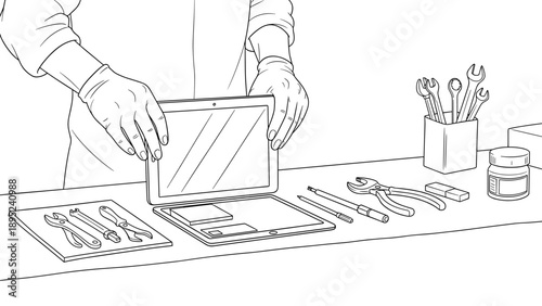 Technician's workspace: hands preparing tablet with tools and equipment in a modern line art style