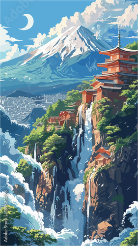 Sustainable Tourism And Ecotourism Waterfall And Traditional Japanese Architecture In Mountain Landscape Promoting Responsible Travel And Cultural Immersion