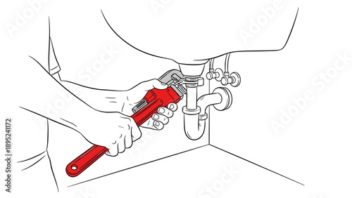 Plumber fixing sink pipe with wrench in linear design