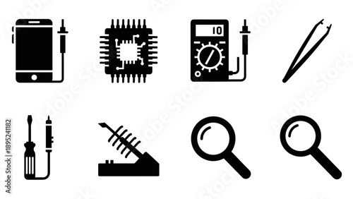 Electronics repair tools icons set: chip, multimeter, magnifier