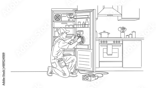 Technician repairing refrigerator in kitchen outline drawing