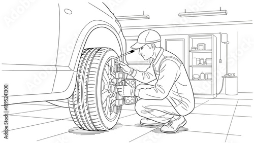 Mechanic inspecting car tire in garage setting