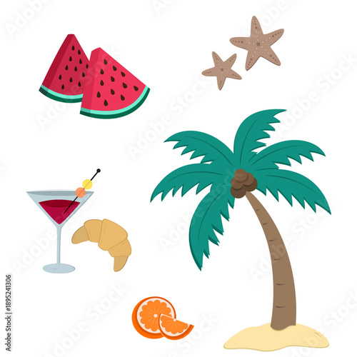 set of summer beach elements, palm, cocktail, fruits, starfish, shell, waves. Perfect for travel and holiday designs