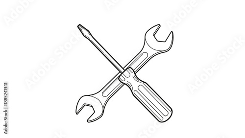 Monochrome outline of wrench and screwdriver tools for repair and maintenance