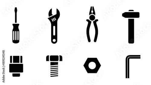 Silhouette icons of essential hand tools for construction and repair projects