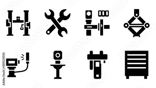 Industrial black silhouette icons: tools, equipment, and machinery elements