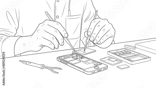 Technician repairing smartphone components with precision tools in detailed line art style