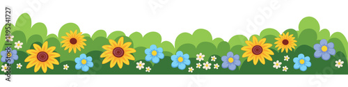Horizontal seamless floral border decorated with blooming flowers and  leaves. Spring and summer botanical border.