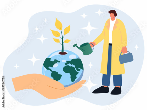 A person nurturing a growing plant on top of the earth