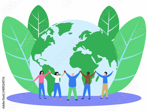 People surrounding a globe embraced by green leaves representing environmental care