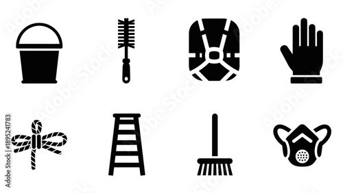 Silhouette icon set: cleaning tools and protective equipment