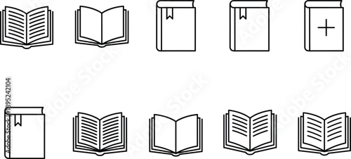 Minimalist book icon set featuring open and closed textbooks with bookmarks for education and library concepts.