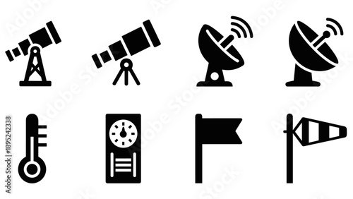 Weather and astronomy icons: telescope, satellite, thermometer, clock, flag, wind sock