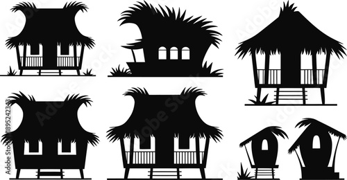 Tropical Thatched Hut Silhouette Set, Traditional Island Bungalow Vector Collection