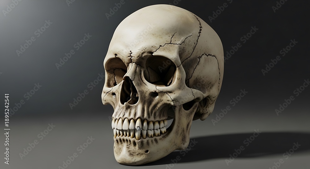 custom made wallpaper toronto digitalHuman skull with detailed cracks casts a shadow on a gray background.