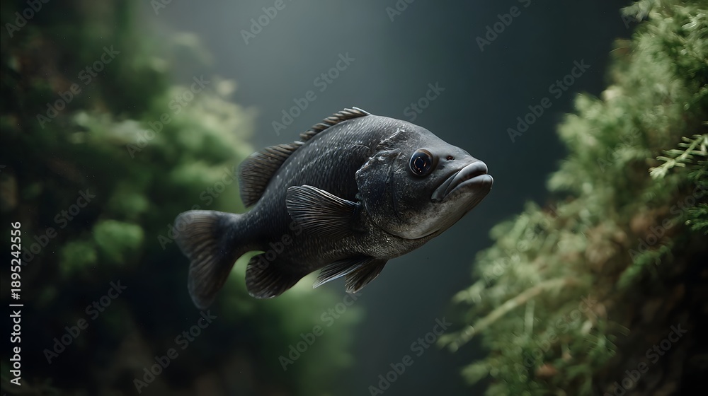 Fototapeta premium Solitary dark fish swims serenely through lush aquatic plants in dark moody water