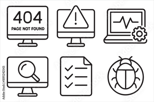 A collection of line art icons representing common website errors debugging and search functions
