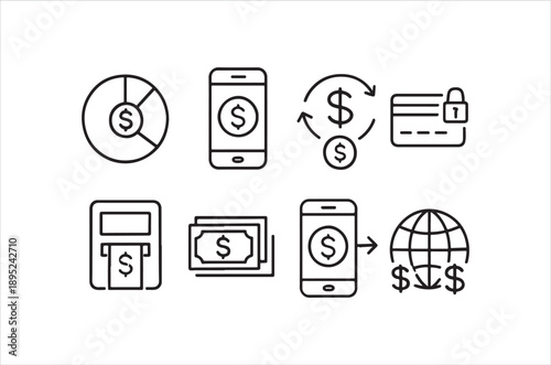 A collection of linear icons representing mobile payments security and global finance high quality
