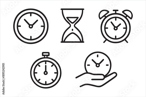 A collection of various timekeeping devices illustrated as simple black and white line icons