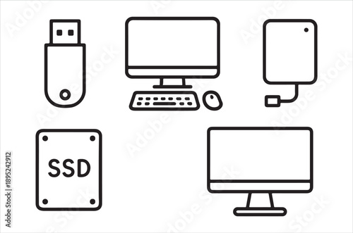 Simple line art illustration depicting a computer peripherals and storage devices high quality professional
