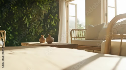 Serene and airy living space featuring a lush green vertical plant wall, natural wood furniture, and large open windows allowing soft sunlight to illuminate the room.