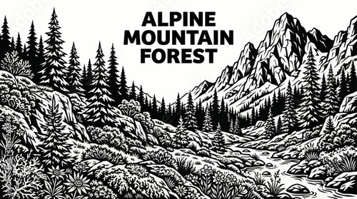 alpine forest regions featuring pine trees, shrubs, rocky terrain vegetation, and mountain ecosystem plants black and white vector illustration