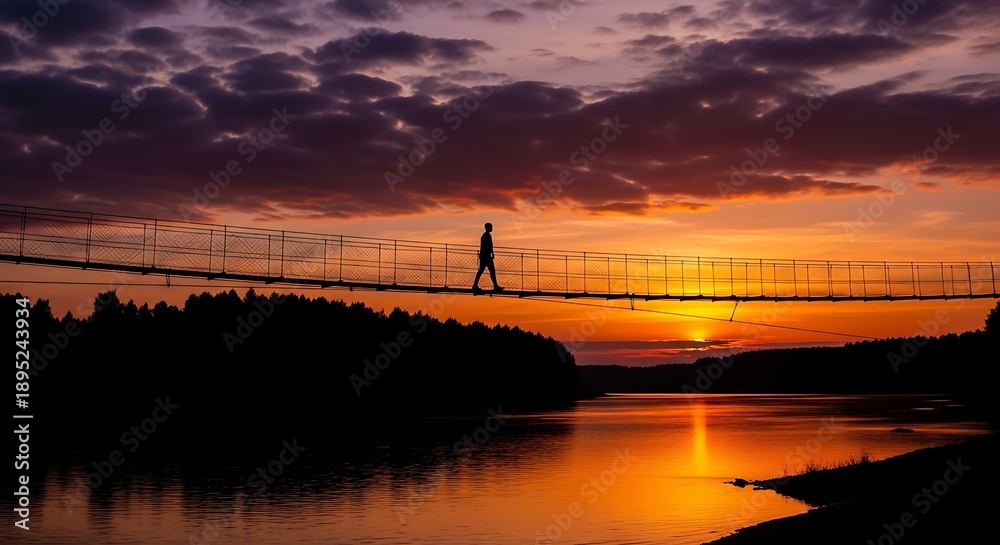 Fototapeta premium Person walking on suspension bridge at sunset.