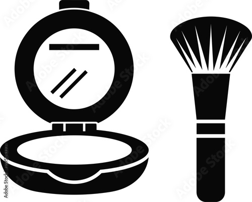 Cosmetic makeup compact mirror with face powder and application brush for beauty salon fashion and skin care cad drawing flat vector illustration.