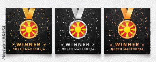 An esteemed collection of gold, silver, and bronze medals, prominently displaying the flag of North Macedonia, set against an elegant dark background with celebratory confetti and sparkling details, p