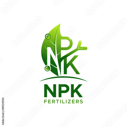 NPK fertilizer logo featuring stylized letters N, P, and K integrated with a vibrant green leaf and dew drops. Ideal for agricultural companies, organic farming products, plant nutrition brands