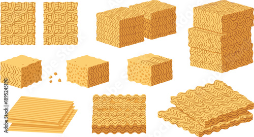 Wafer biscuit illustration set with stacked crispy crackers cubes sheets and snack pieces