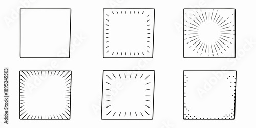 Six sketched rectangular frames with varying dotted and radiating line patterns